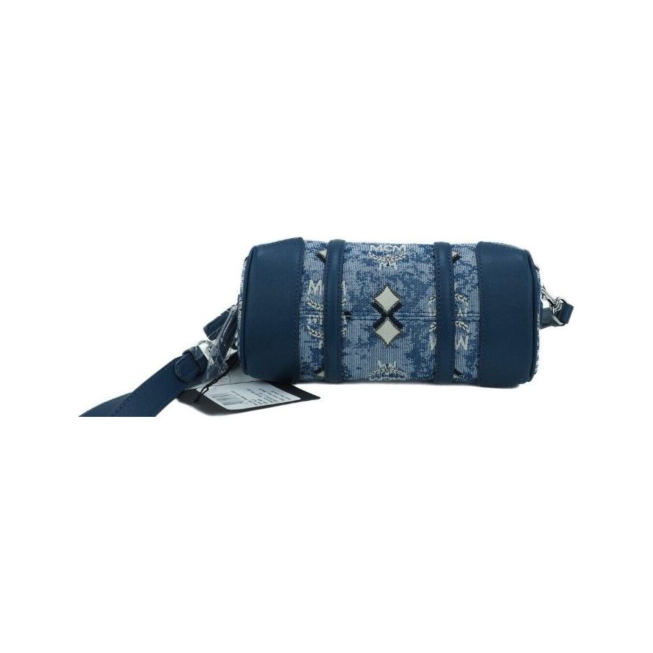 MCM | Boston Mini Blue Vintage Jacquard Logo Fabric Satchel Crossbody Handbag Crossbody Bag | McRichard Designer Brands