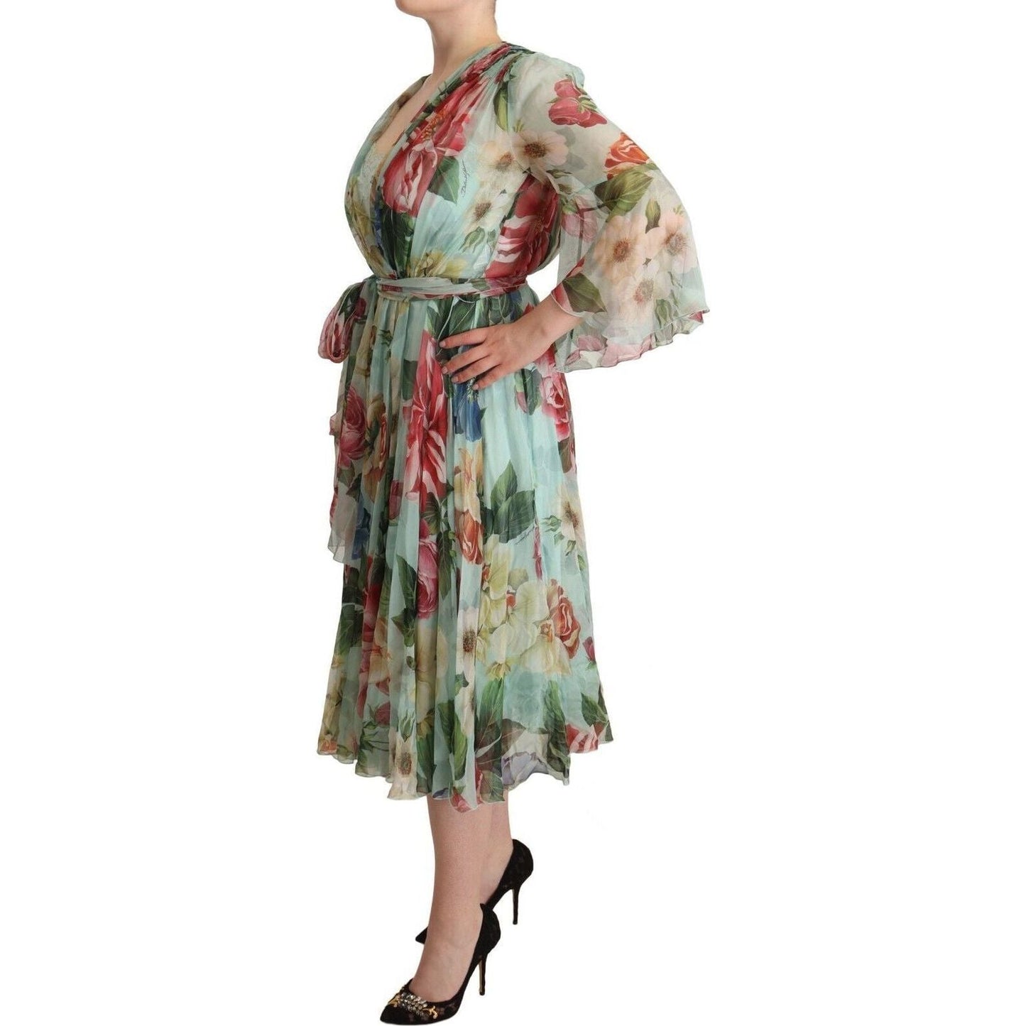 Dolce & Gabbana | Green Floral Long Sleeves V-neck Midi Dress WOMAN DRESSES | McRichard Designer Brands