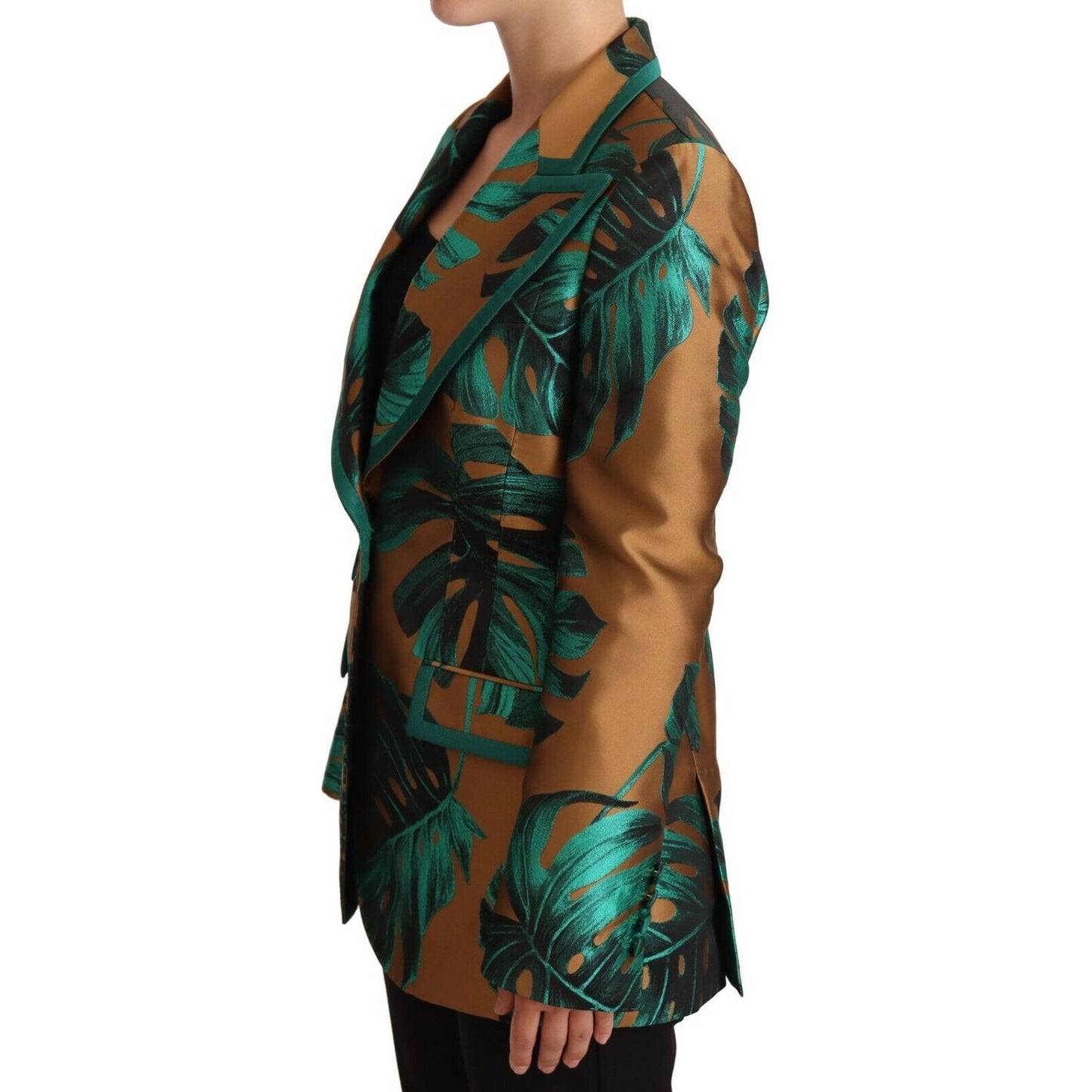 Dolce & Gabbana | Brown Green Leaf Jacquard Coat Jacket WOMAN COATS & JACKETS | McRichard Designer Brands