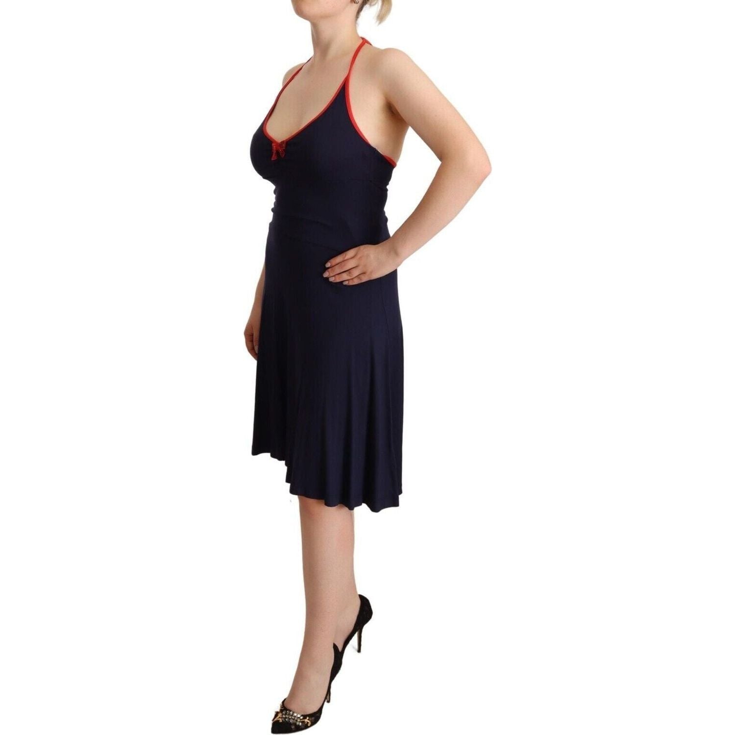 Roccobarocco | Navy Blue Sleeveless Halter Sheath Midi Dress WOMAN DRESSES | McRichard Designer Brands