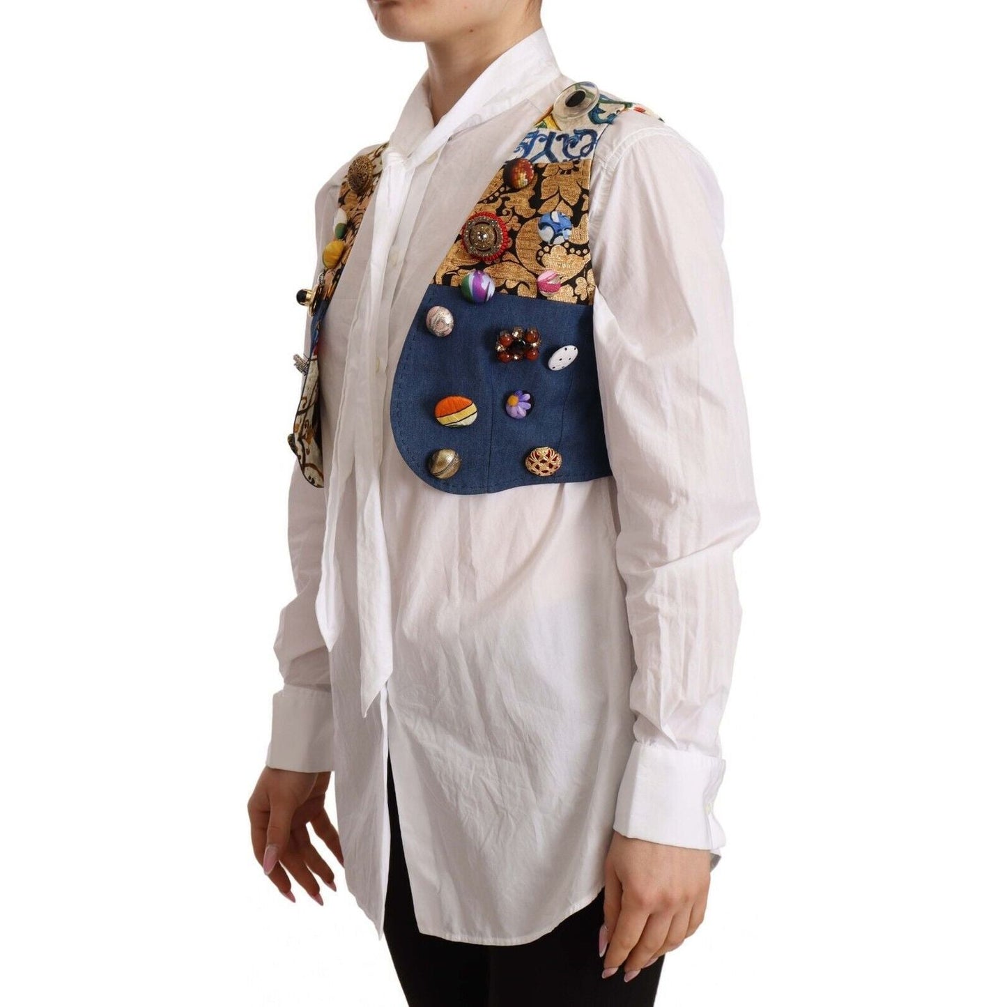 Dolce & Gabbana | Multicolor Embellished Waist Coat Cotton Top | McRichard Designer Brands