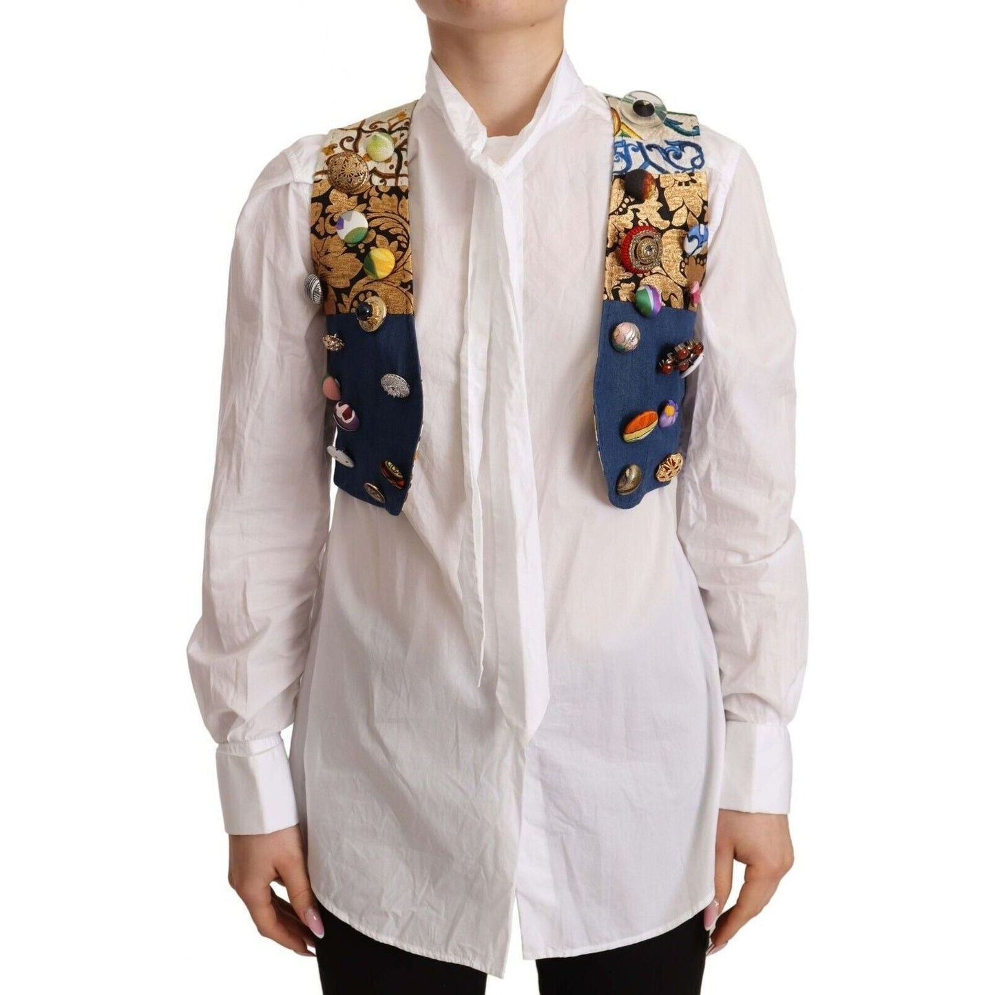 Dolce & Gabbana | Multicolor Embellished Waist Coat Cotton Top | McRichard Designer Brands