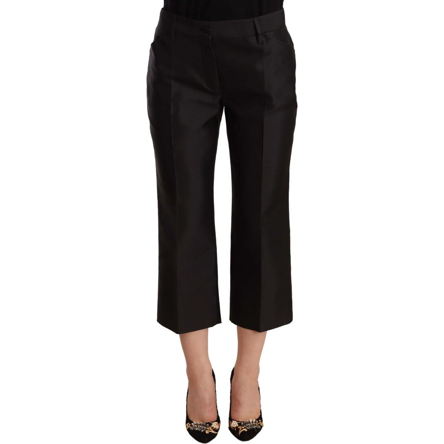 Dolce & Gabbana | Black 100% Silk Flared Cropped Pants | McRichard Designer Brands