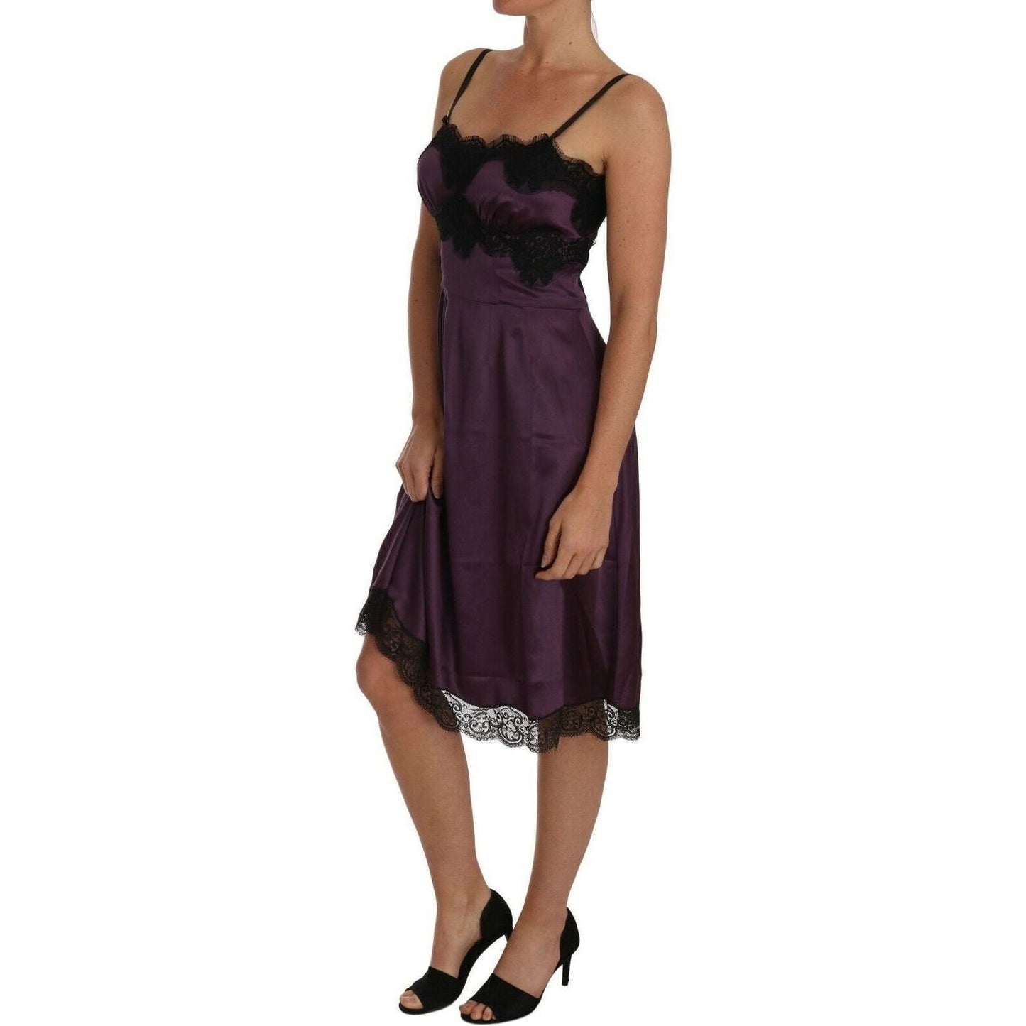 Dolce & Gabbana | Purple Silk Stretch Black Lace A-Line Dress | 809.00 - McRichard Designer Brands