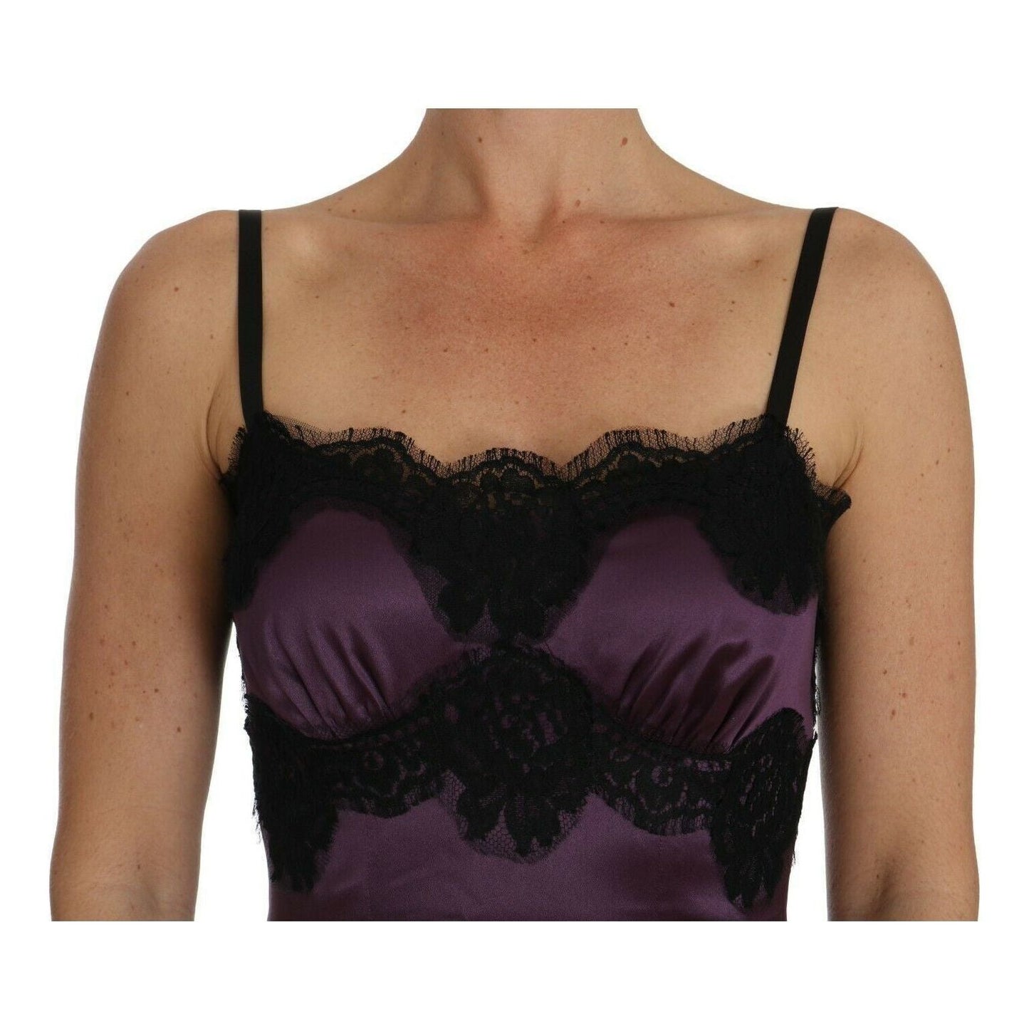 Dolce & Gabbana | Purple Silk Stretch Black Lace A-Line Dress | 809.00 - McRichard Designer Brands