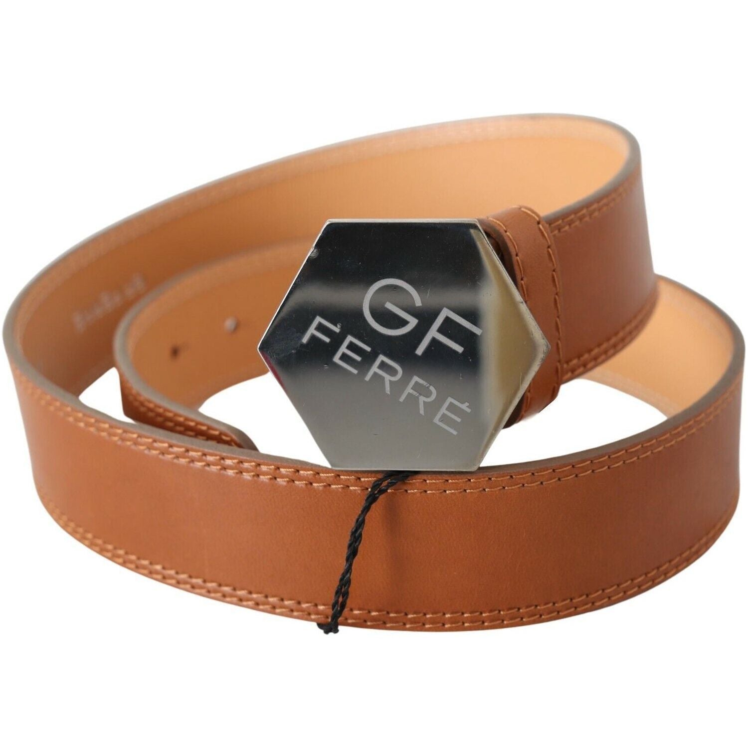 GF Ferre | Brown Silver Logo Hexagon Buckle Waist Leather Belt WOMAN BELTS | McRichard Designer Brands