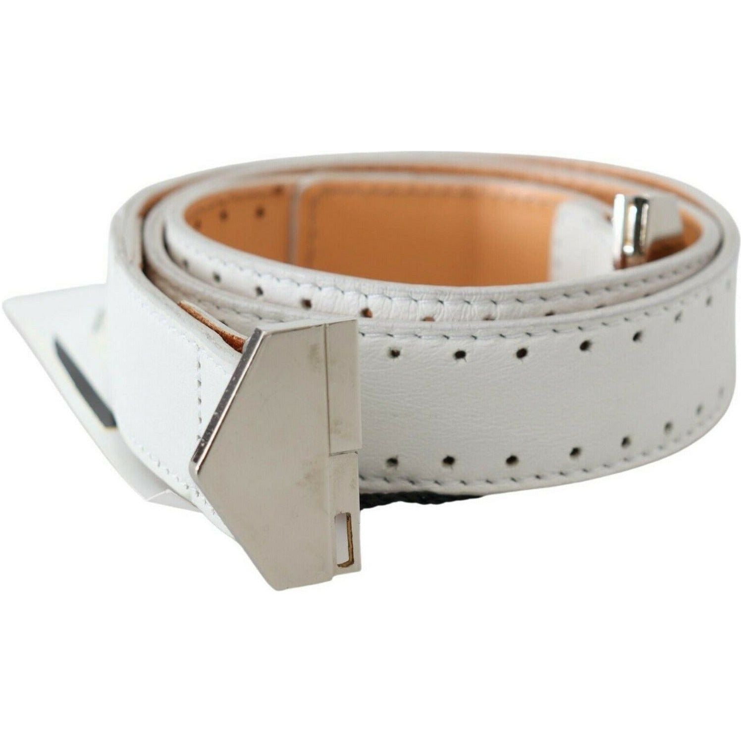 GF Ferre | White Leather Hexagon Logo Buckle Waist Belt  | McRichard Designer Brands