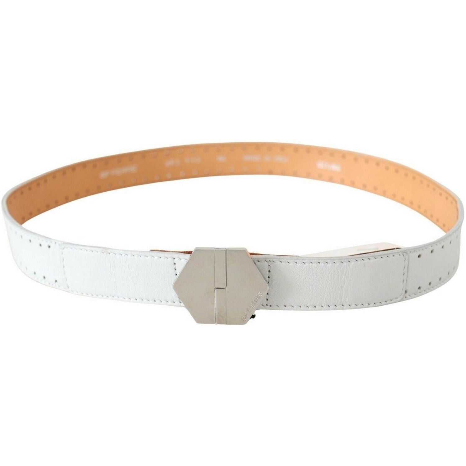 GF Ferre | White Leather Hexagon Logo Buckle Waist Belt  | McRichard Designer Brands