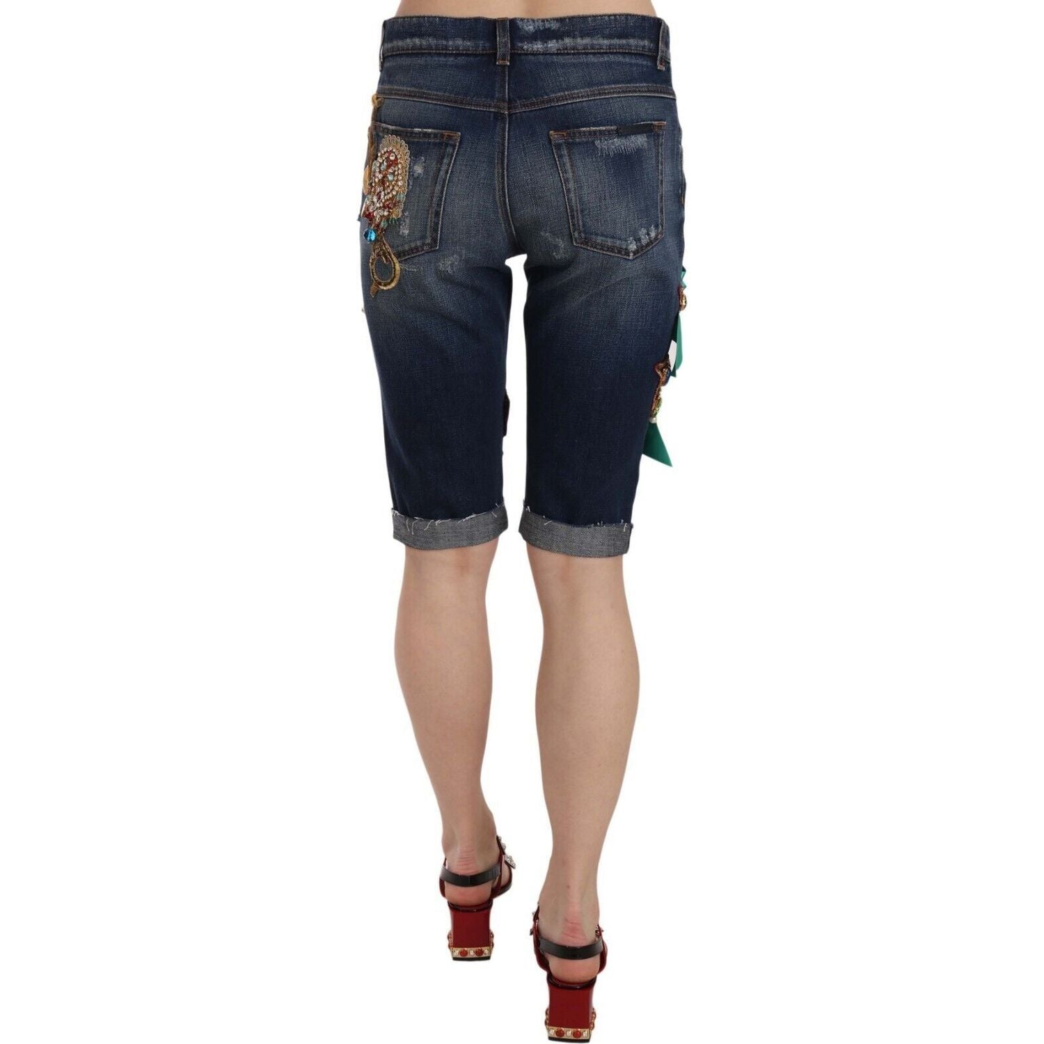 Dolce & Gabbana | Blue Denim Mid Waist Crystal Capri Shorts Shorts | McRichard Designer Brands