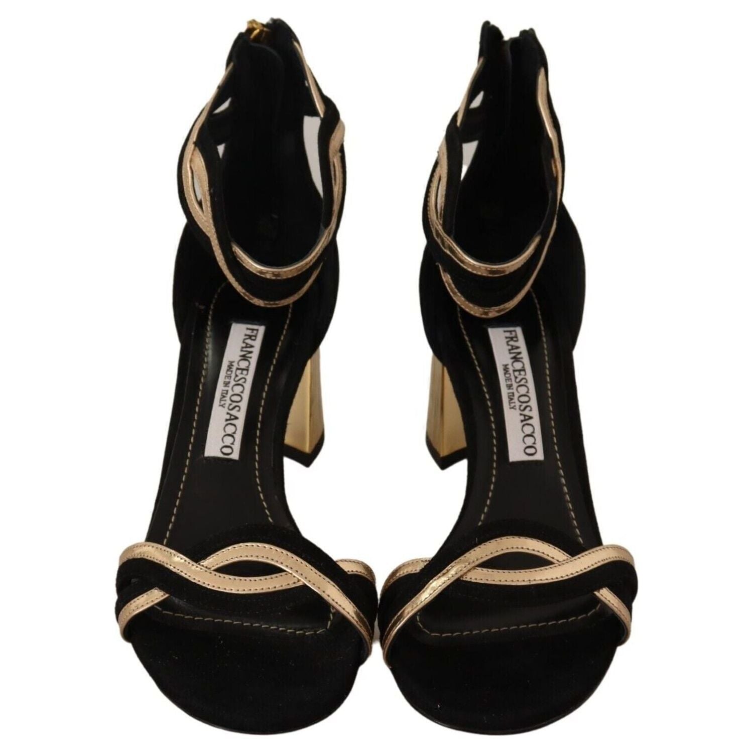 FRANCESCO SACCO | Black Gold Leather Suede Ankle Strap Heels Shoes | McRichard Designer Brands