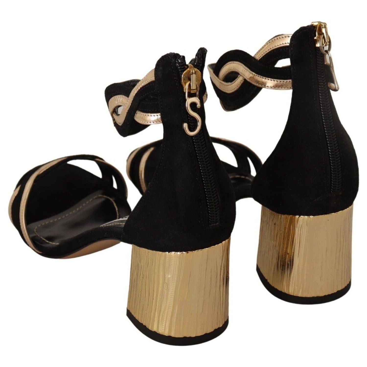 FRANCESCO SACCO | Black Gold Leather Suede Ankle Strap Heels Shoes | McRichard Designer Brands