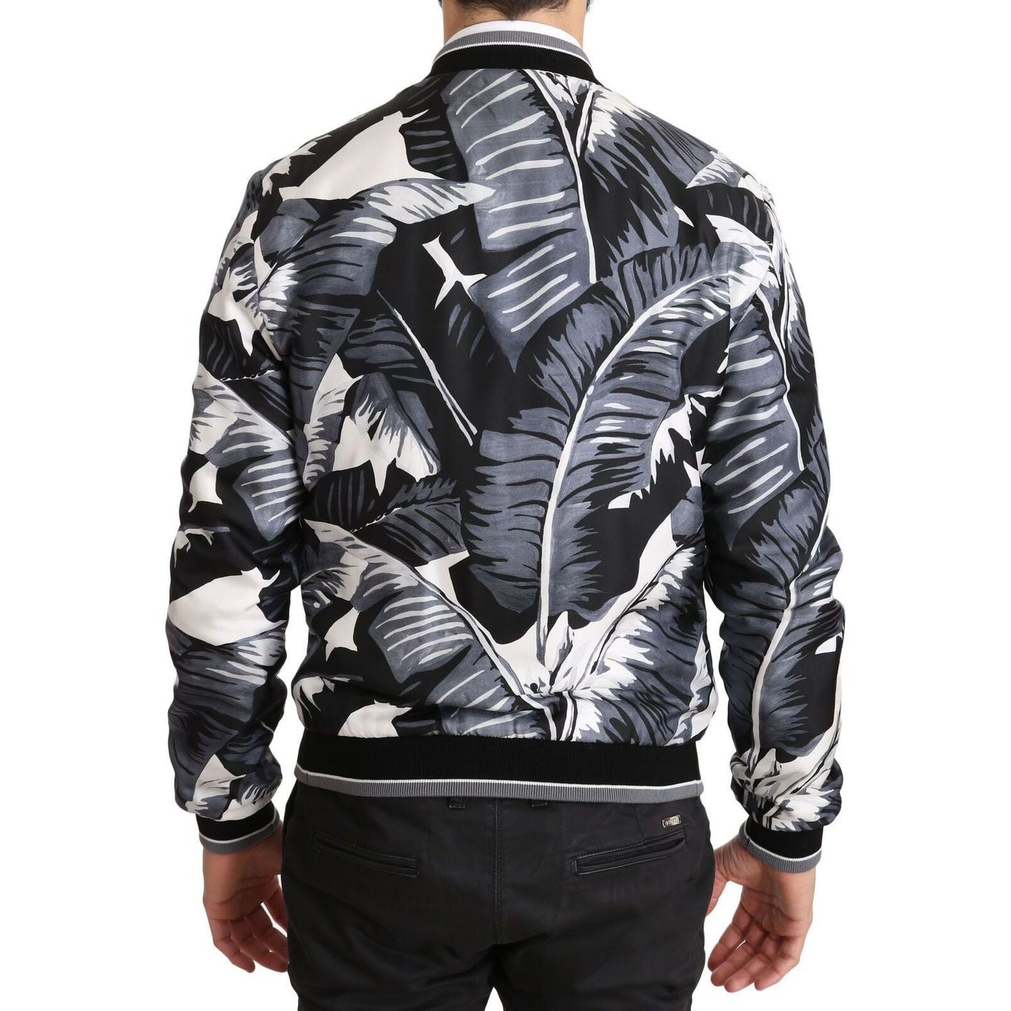 Dolce & Gabbana | Black Silk Banana Leaf Print Bomber Jacket  | McRichard Designer Brands