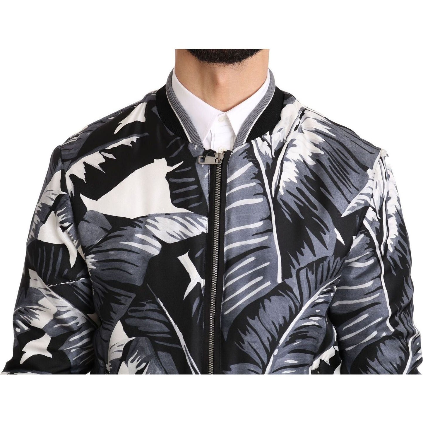 Dolce & Gabbana | Black Silk Banana Leaf Print Bomber Jacket  | McRichard Designer Brands