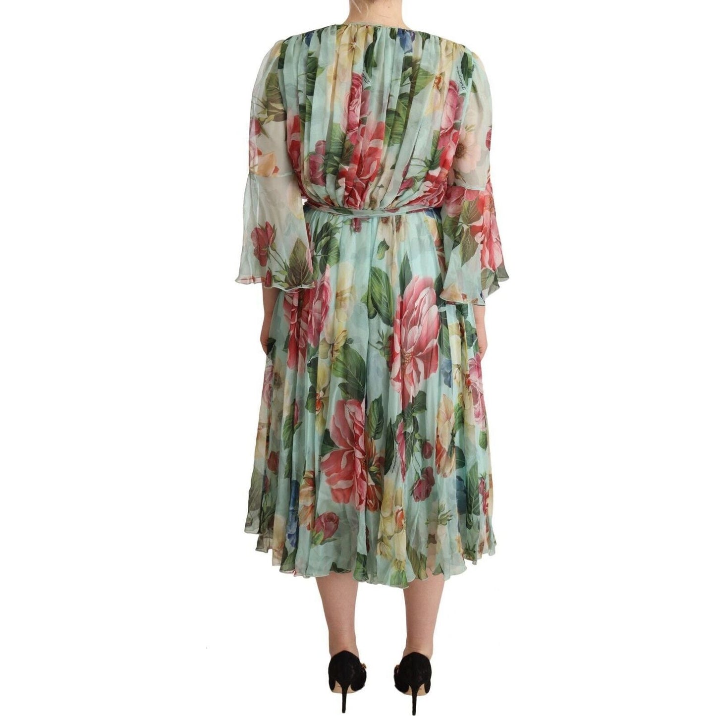 Dolce & Gabbana | Green Floral Long Sleeves V-neck Midi Dress WOMAN DRESSES | McRichard Designer Brands