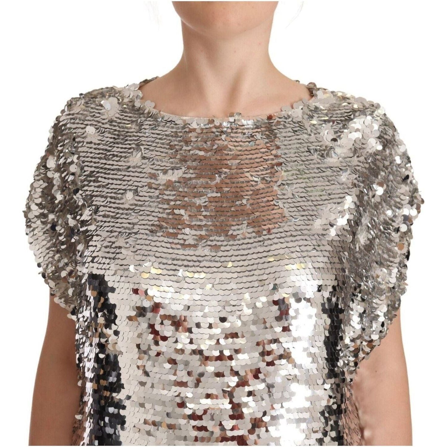 MSGM | Silver Sequined Polyester Short Sleeves Shift Mini Dress  | McRichard Designer Brands