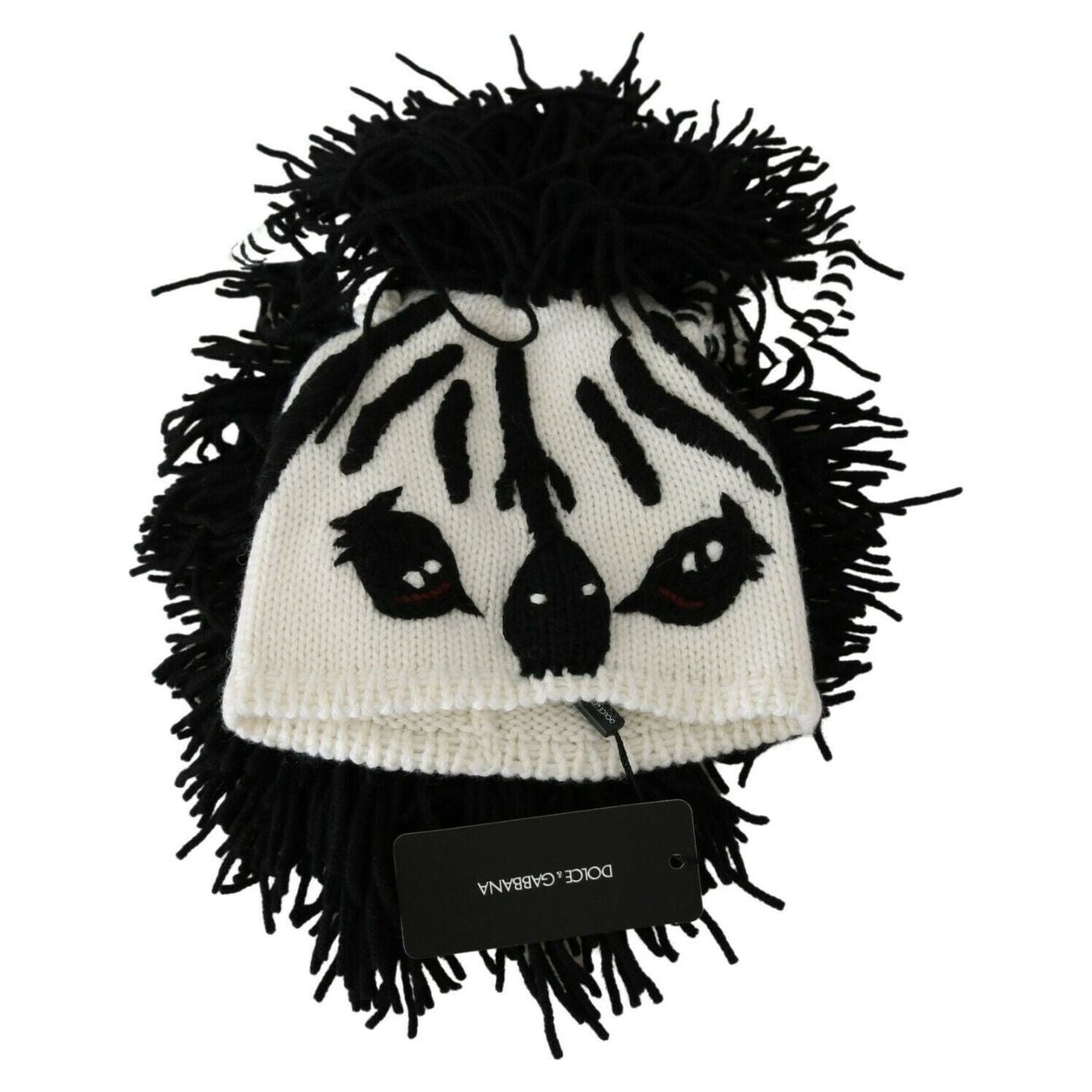 Dolce & Gabbana | Black White Knitted Cashmere Animal Design Hat WOMAN HATS | McRichard Designer Brands