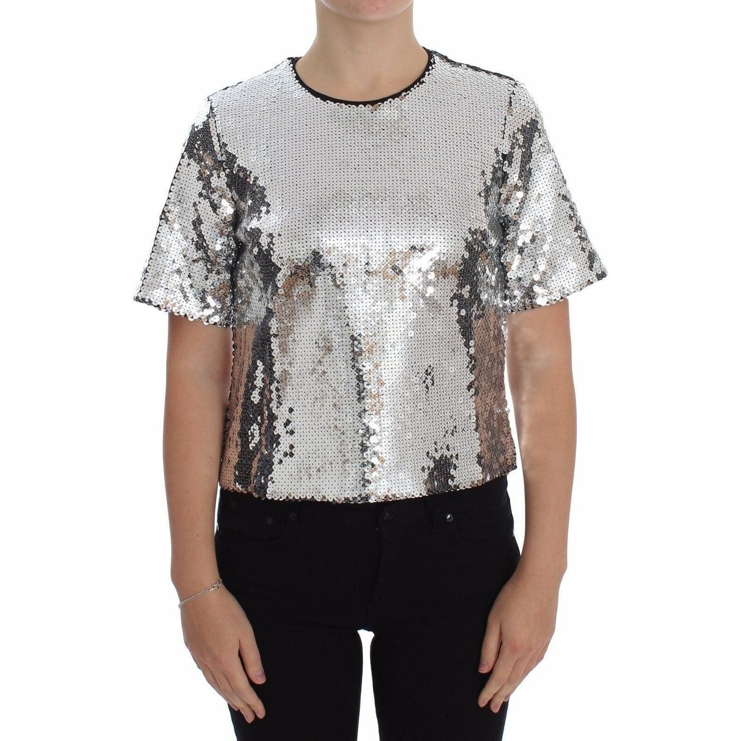 Dolce & Gabbana | Silver Sequined Crewneck Blouse T-shirt Top | 399.00 - McRichard Designer Brands