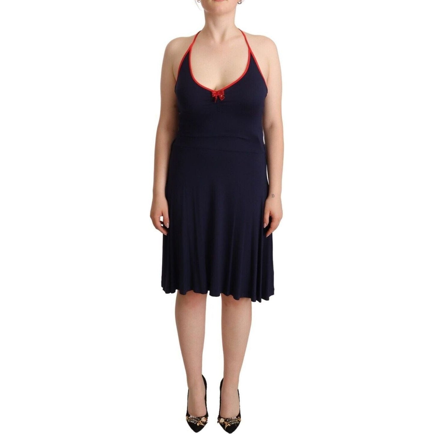 Roccobarocco | Navy Blue Sleeveless Halter Sheath Midi Dress WOMAN DRESSES | McRichard Designer Brands