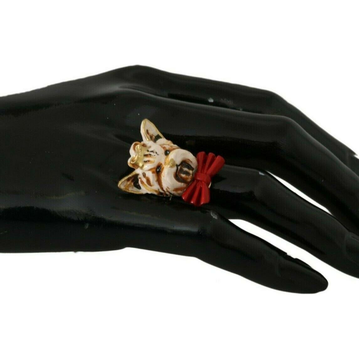 Dolce & Gabbana | Gold Brass Resin Beige Dog Pet Branded Accessory Ring  | McRichard Designer Brands